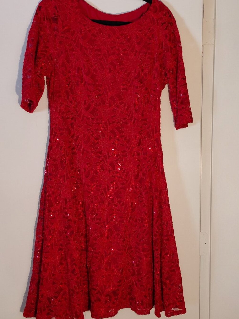 Rabbit Rabbit Rabbit  Designs, Red Floral Sequin, Lace Fit and Flare Dress